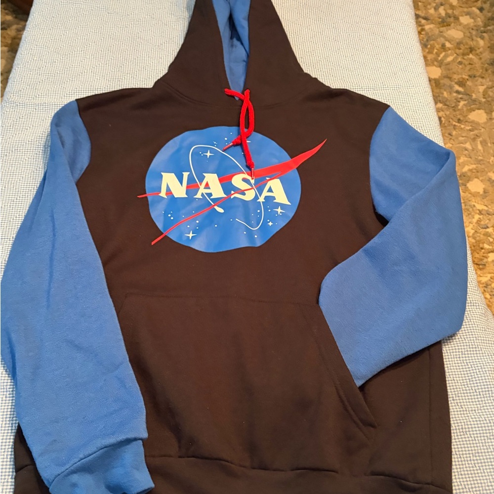 Fifth Sun Black Hoodie with Blue Sleeves and Red Drawstring